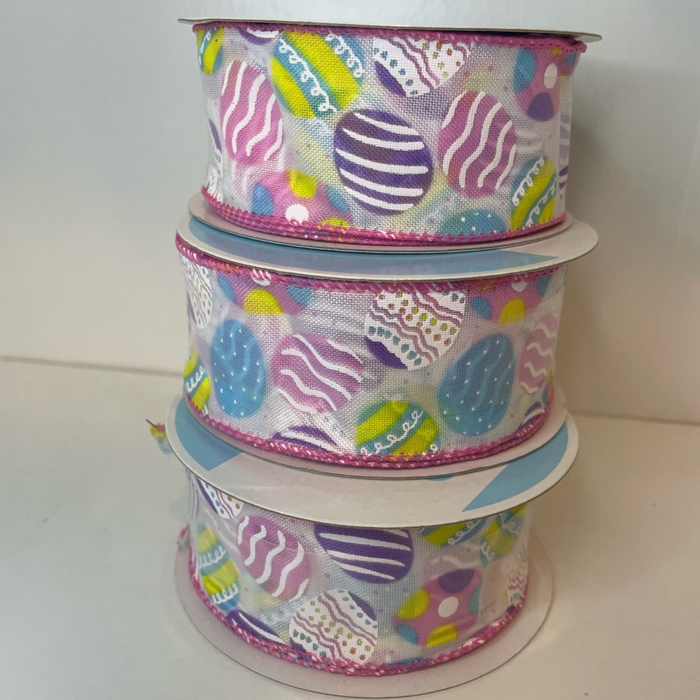 White Mesh Ribbon with Colorful Easter Egg Design, Easter wired ribbon,1.5”x30ft